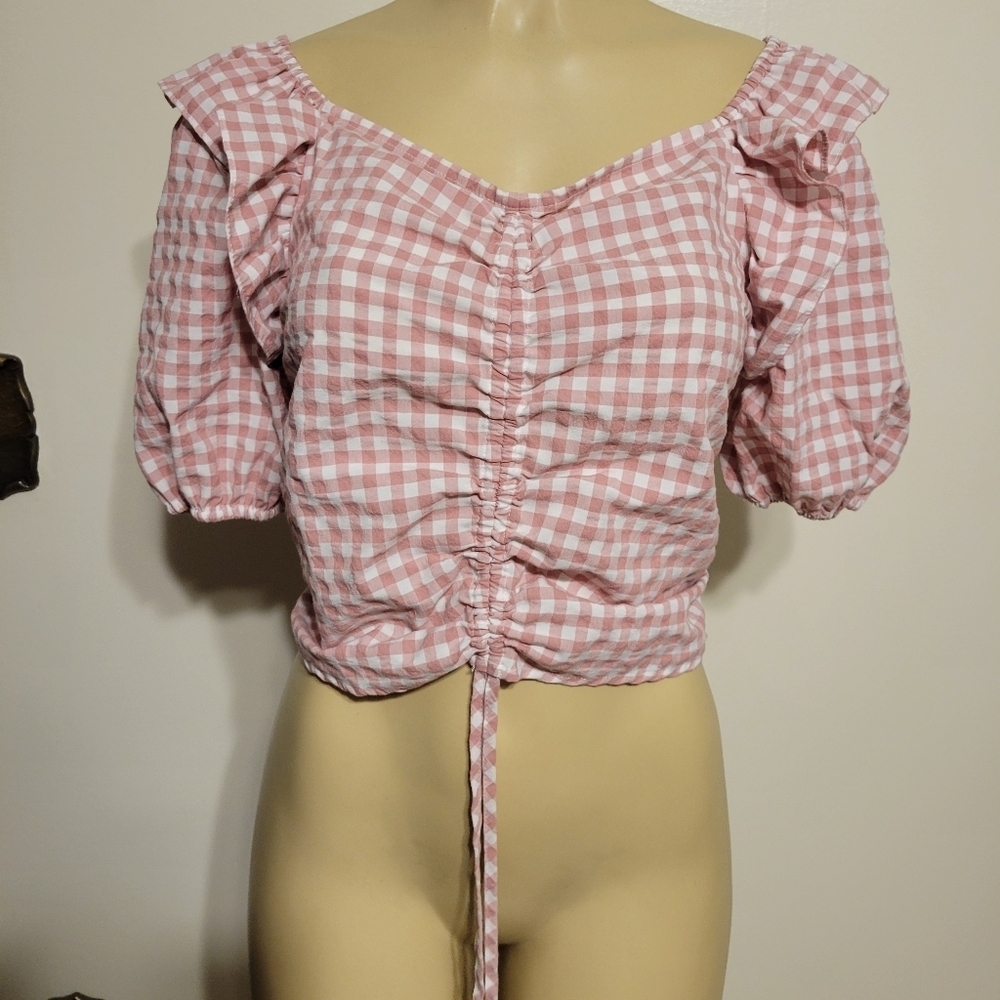 Unbraded Pink Plaid Ruffled Crop Top gingham Milk Maid